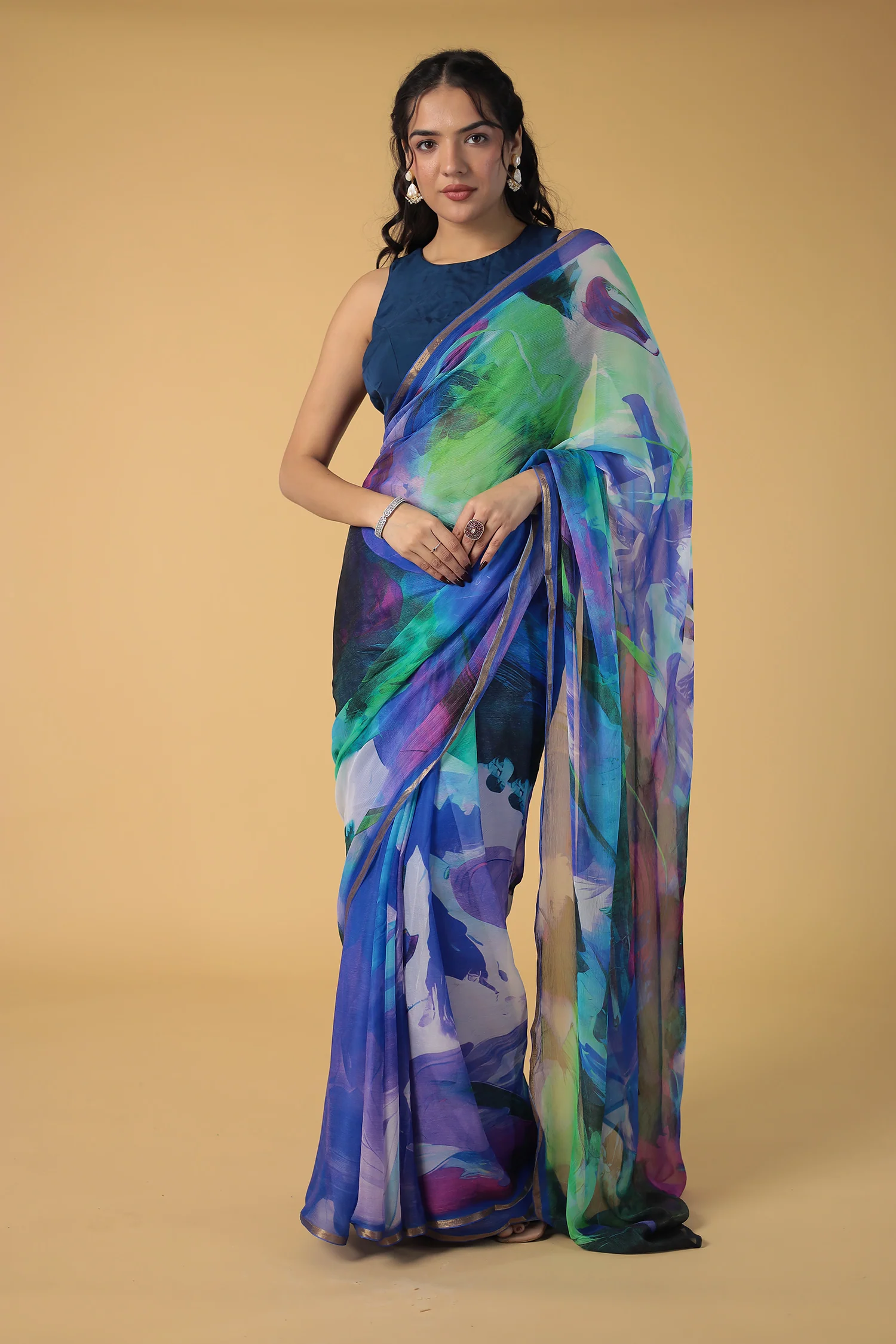 Abstract Print Chiffon Saree Blue